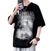Ice silk short-sleeved mens summer new American retro dark T-shirt youth casual loose round neck T-shirt