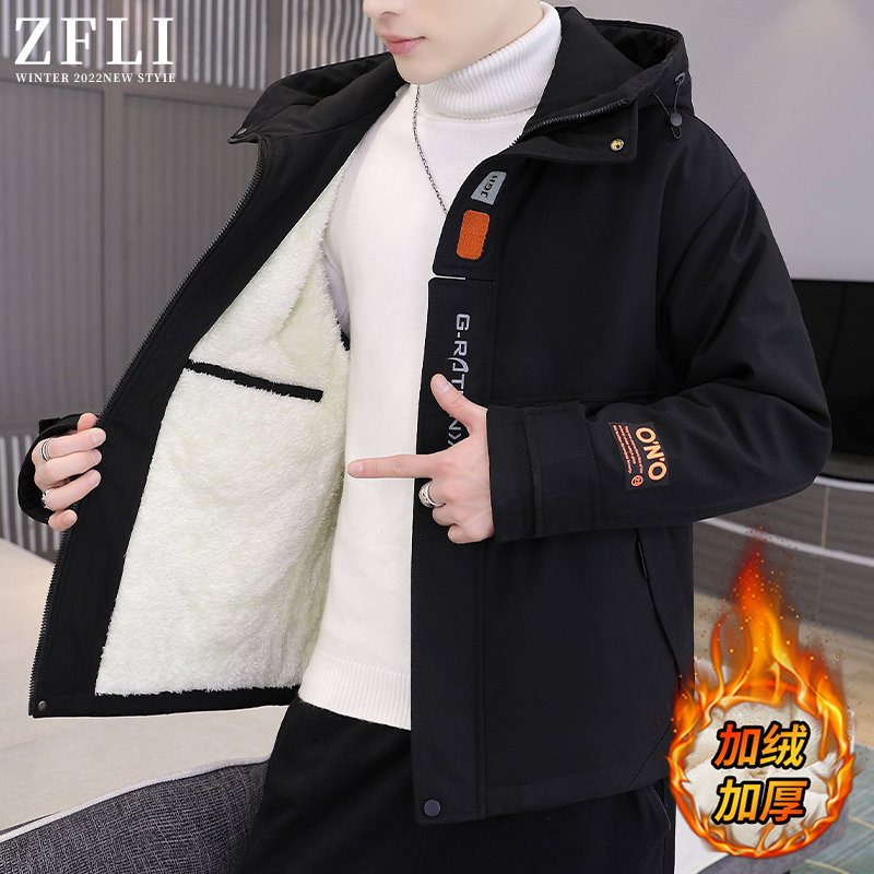 Jacket Man Winter Plus Suede Thickened Tide Card Tide casual jacket Men's hat Assault Jacket Warm Teenagers Cotton Clothing-Taobao