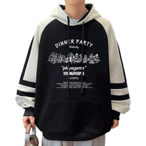 Hooded sweatshirt mens spring and autumn 2024 new loose casual tops mens teenagers kangaroo pocket print jacket