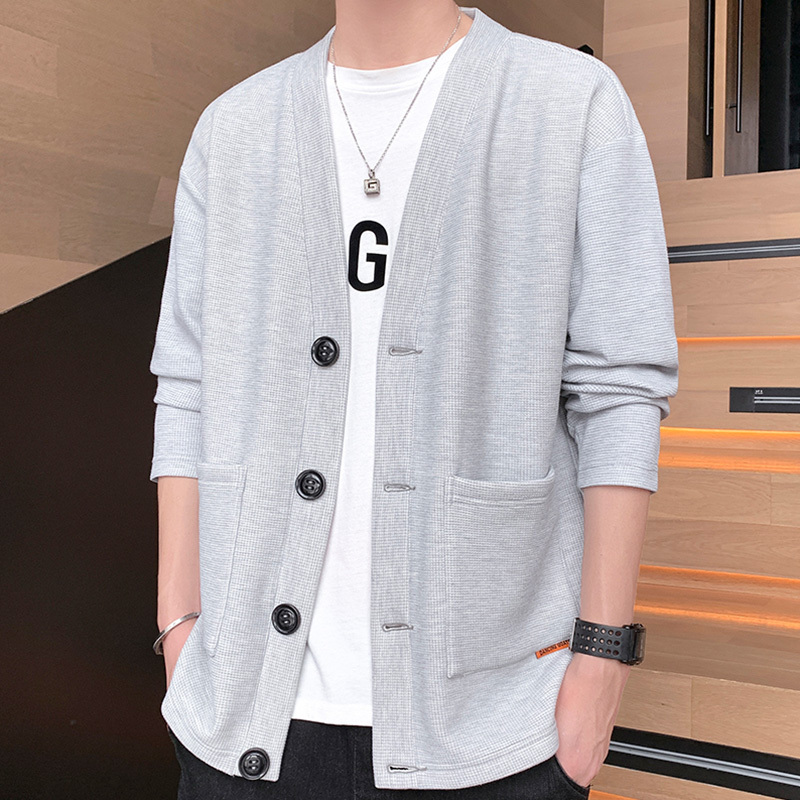 Men's Spring and Autumn Jacket, Trendy Waffle Knit V-Neck Cardigan Sweatshirt, Loose Casual Youth Versatile Coat