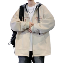 Hooded jacket mens spring and autumn plaid splicing jacket mens trendy brand youth casual loose Hong Kong style workwear top