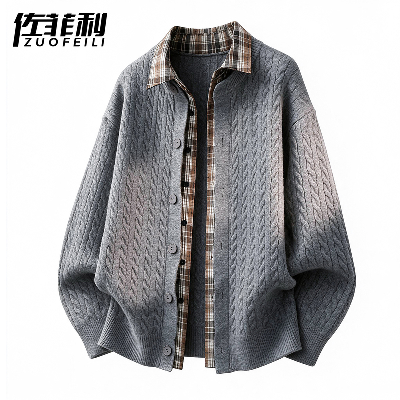 Cable Knit Sweater for Men, Spring and Autumn Style, Old Money Style, Faux Two-Piece Knitted Cardigan, Loose Casual Plaid Patchwork Jacket