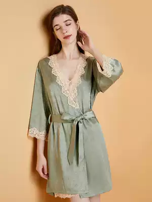Pajamas autumn ice silk robe female lace sexy morning robe female bride silk spring and autumn suspender nightgown two sets