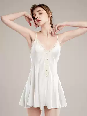 White sexy nightgown female spring and autumn private room slim pajamas summer beauty back deep V suspenders heart style small skirt