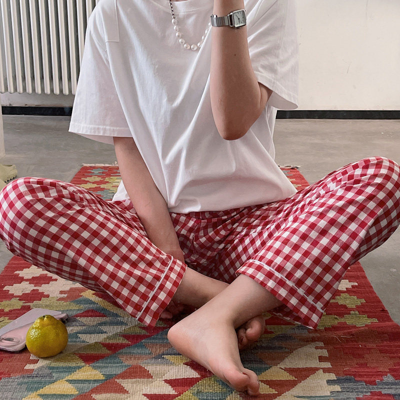 Cotton pajamas women's trousers home pants spring and autumn plaid washed cotton loose large size casual confinement summer thin section