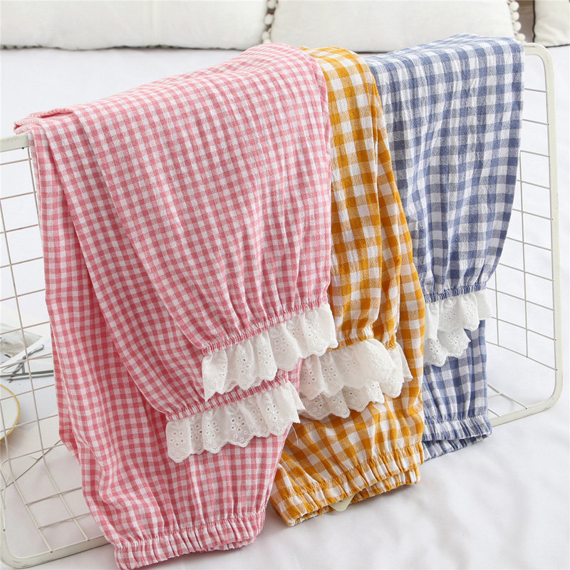 Spring Autumn Pure Cotton Plaid Sleeping Pants Girls Lace Bunch Foot Loose Can Outwear Casual Home Close-up Summer Mosquito-Proof Long Pants