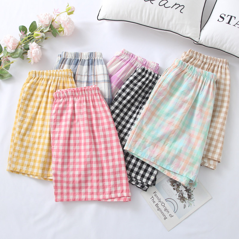 Cotton pajama shorts summer mid-rise thin loose print casual home wash cotton plaid beach pants