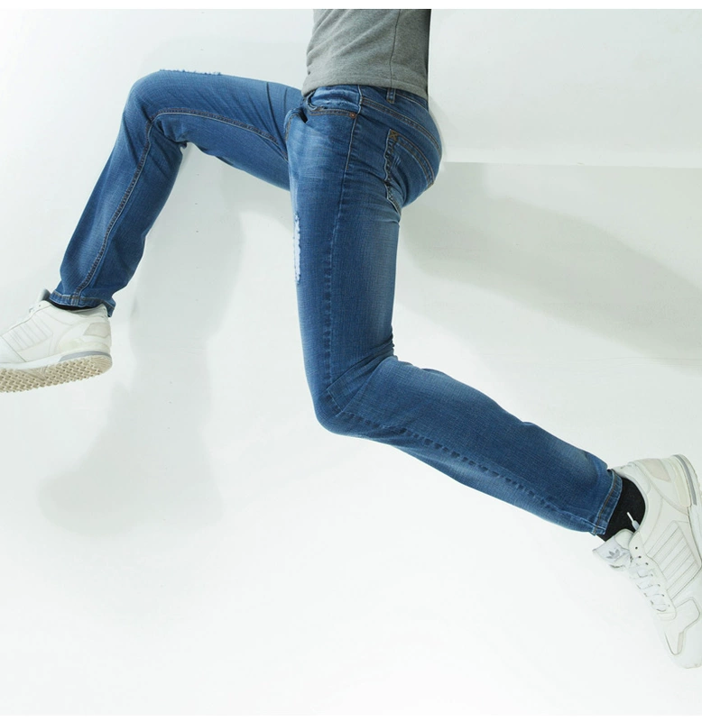 Mùa hè mới quần jeans lỗ nam phiên bản Hàn Quốc của xu hướng quần lọt khe co giãn thẳng quần dài - Quần jean