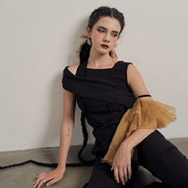  Star Fish original Xia Xian thin off-the-shoulder top Plant-dyed silk short-sleeved T-shirt Irregular stitching slim-fit sweater