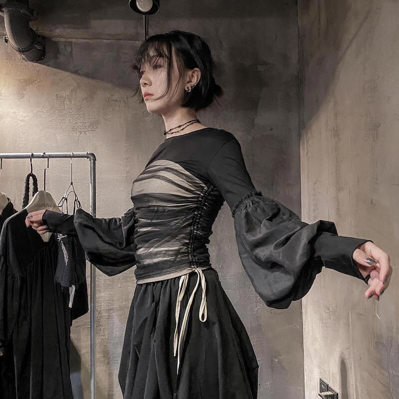 Bloody Star Fishy Original Small Crowddesign Palace Blouse Blouse Women's Bubble Cuff Net Yarn Splicing T-Shirt Knit Undershirt