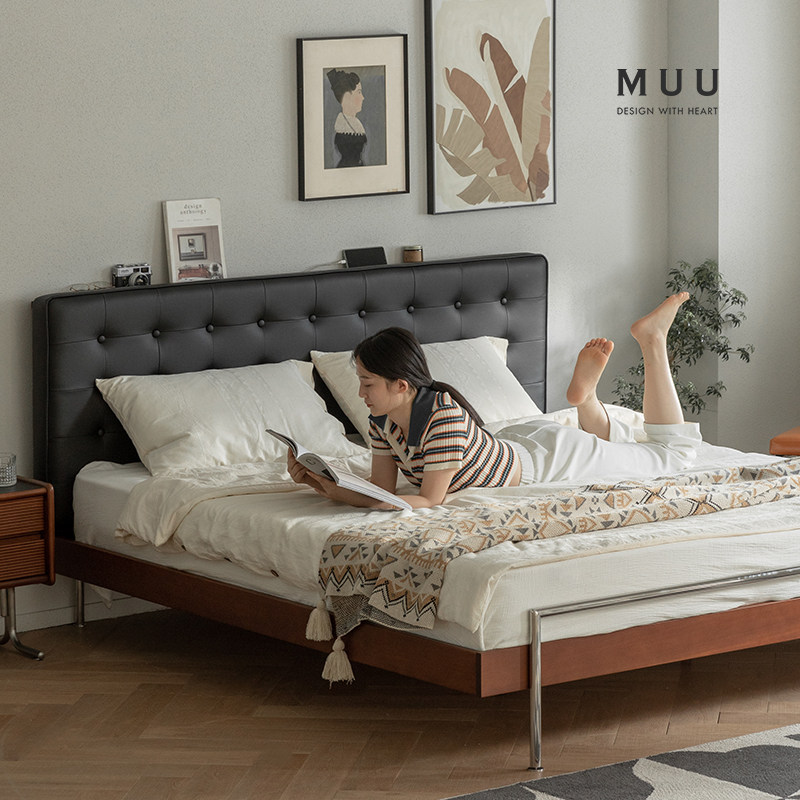 Retro solid wood soft bed master bedroom small apartment 1 5 meters Nordic Japanese simple bedroom bed 1 8 leather double bed