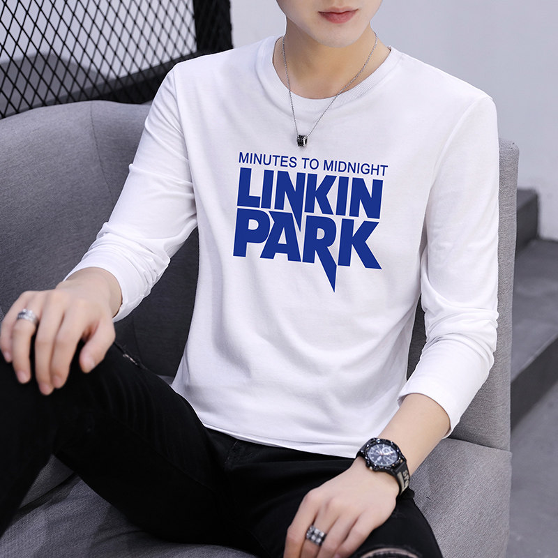 Autumn men's long-sleeved T-shirt printed cotton trend brand men's T-shirt base shirt white crew neck top clothes