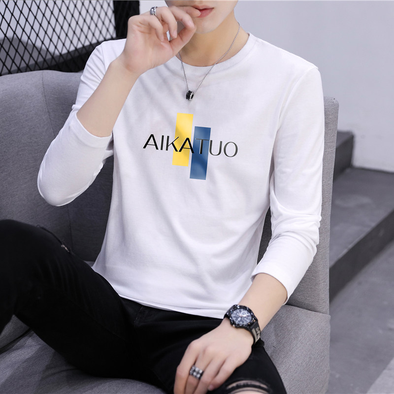 Spring pure cotton men long sleeve T-shirt Korean version of pure cotton round collar white men's clothes sweater clothes