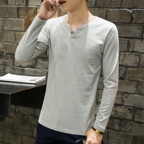 2021 new mens long-sleeved T-shirt fashion mens V-neck body bag solid color pure cotton autumn coat base shirt white top clothes