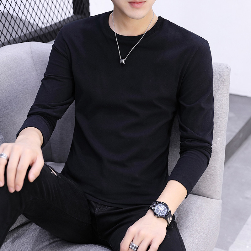 Men's Long-Sleeved T-Shirt, Trendy Spring Men's Clothing, Solid Color Pure Cotton White and Black T-Shirt, Autumn Inner Layer Base Shirt