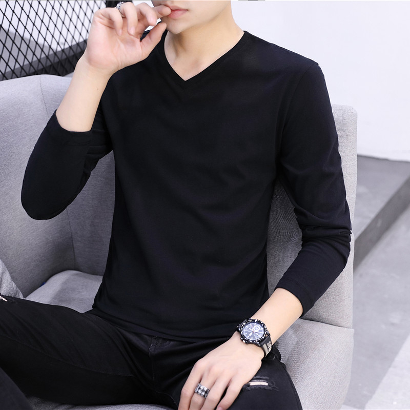 Men's New Long-Sleeved T-Shirt, Trendy Men's V-Neck Cotton Shirt, Autumn Base Layer, Spring Inner Wear, Solid Color Top