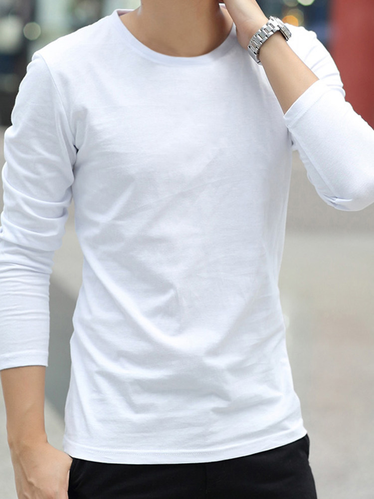 Men's long-sleeved T-shirt trend clothes Solid color cotton round neck white T-shirt Autumn clothes Loose base shirt Summer short-sleeved shirt