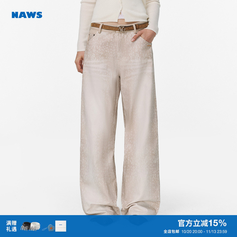 Naws Winter Deer Casual Pants Vintage Mottled Deer Pattern Patchwork Distressed Washed Loose Straight Mid-Waist Long Pants