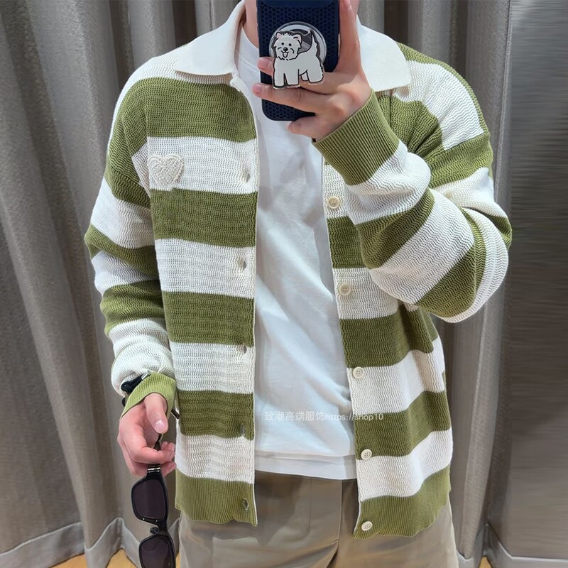 Ami Ancient Unisex Crochet Heart Hollow Striped Cotton Knit Cardigan with Turn-Down Collar Casual Jacket Trendy Ami Ancient Unisex Crochet Heart Hollow Striped Cotton Knit Cardigan with Turn-Down Collar Casual Jacket Trendy