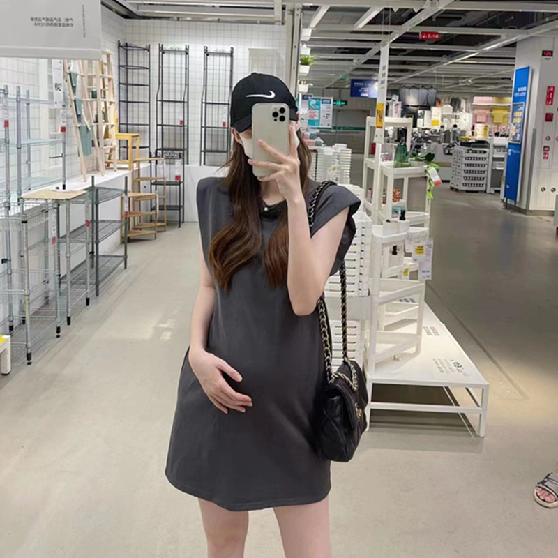 【Mom Simple Style】Maternity Wear New Sleeveless Dress with Shoulder Pads, Thin Summer Loose Maternity Dress