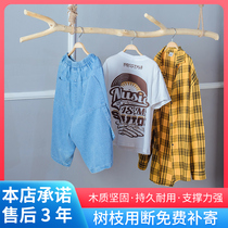 Clothing store dry branch log color solid wood simple hanger ceiling hanging drying rack hemp rope hanging display shelves