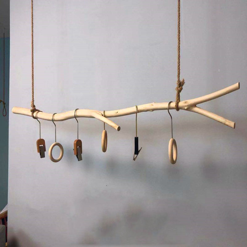 Clothes store dry branches log clothes pole on the wall display rack hanging ceiling hanging rack clothes pole hemp rope hanging shelf