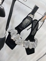 Yang Mi same 2021 spring and summer New Square head AW Super fairy rhinestone word with sexy thin heel King King sandals