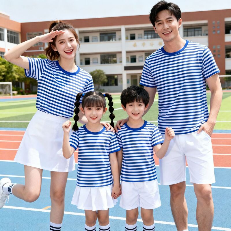 Chinese Style Family Matching Outfits, Sailor Shirt, Short-Sleeve Striped T-Shirt, Pure Cotton, Navy Style, National Trend, Red Scarf, Elementary School Uniform