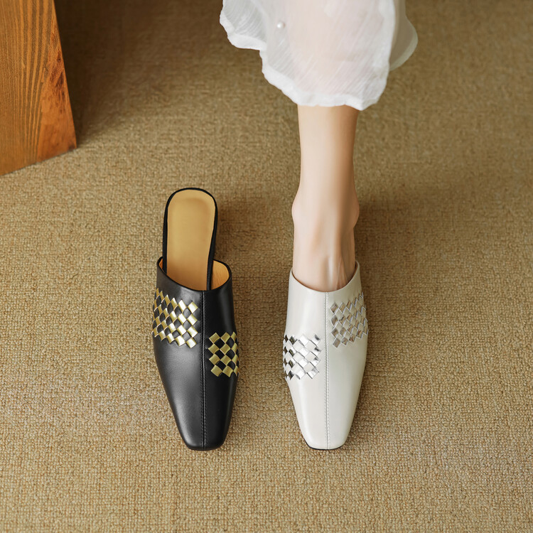 Italian Grounds~ Woven Toe-Cap Slippers for Women, Summer Outerwear, Square-Toe Mules, Genuine Leather Slip-Ons, High-End Feel