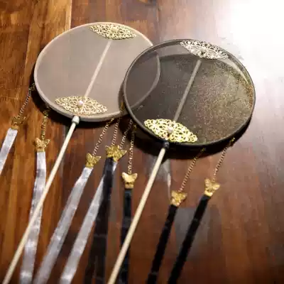 Round reunion fan finished hot stamping red and white black long handle Hanfu photo props Palace fan ancient fan gift dancing classical fan