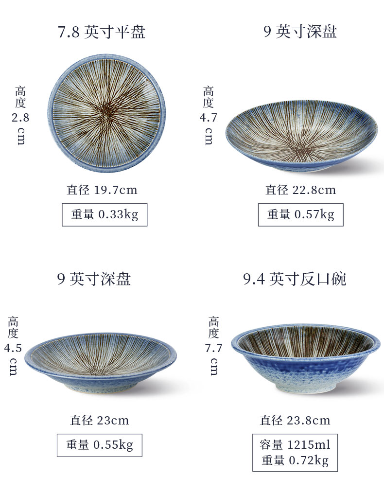 Retro magic blue ten grass grain plate 9 inches large disc ceramic bowl bowl of soup dish dish household Japanese - style tableware