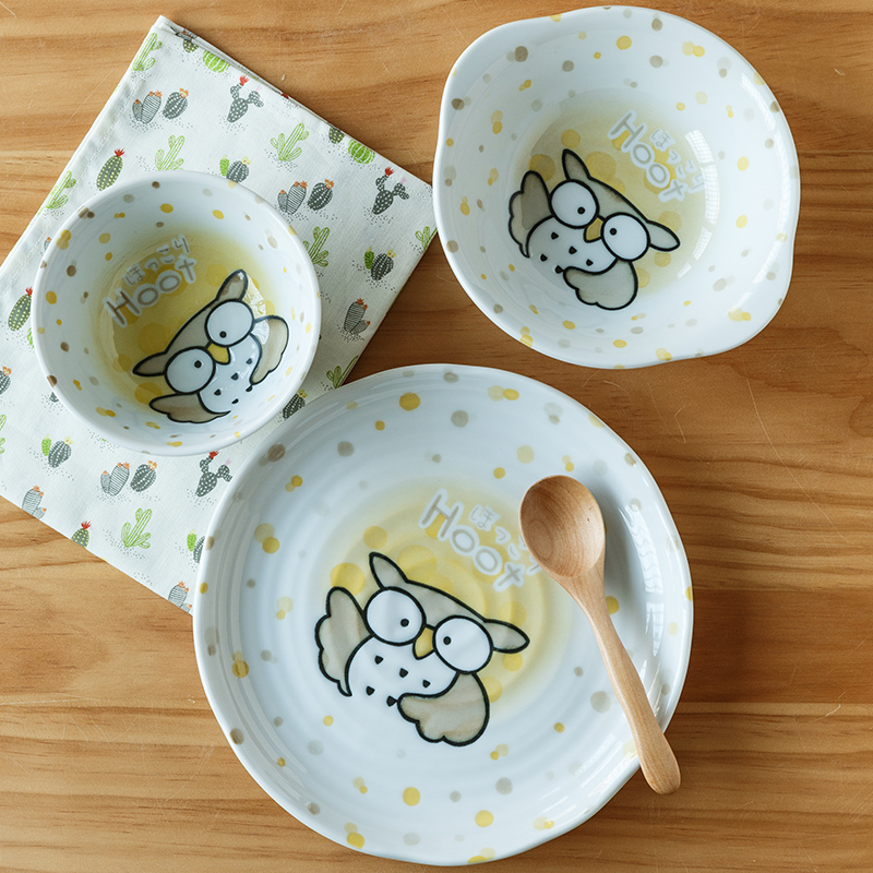 The Children 's tableware imported from Japan cartoon owl under glaze made pottery bowls to eat rice bowl plate breakfast tray