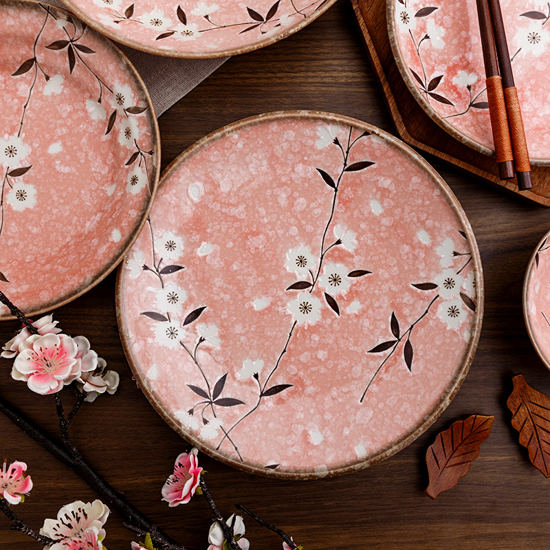 Japan imports the thick plate small ceramic bowl dish dish dish dish household pink sakura Japanese and tableware