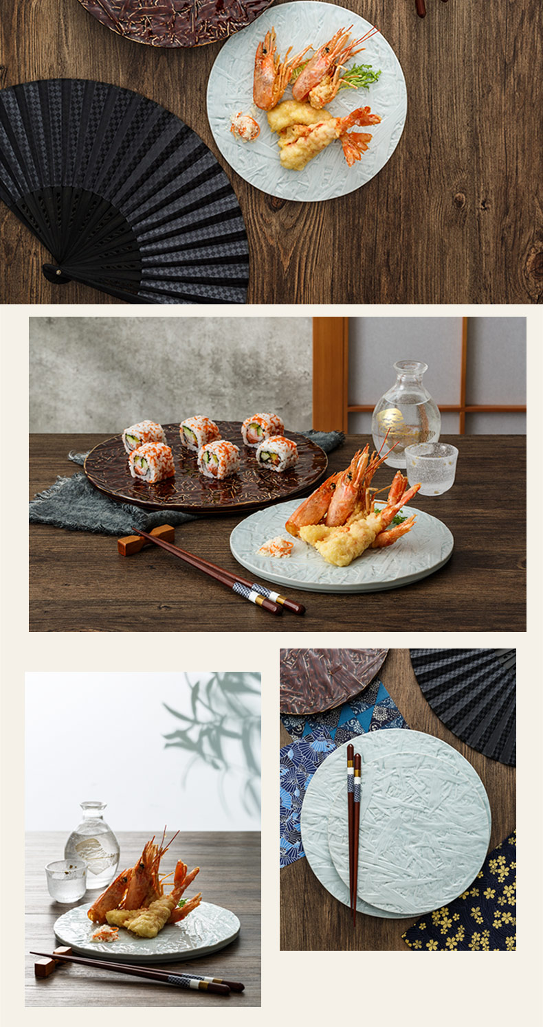 Kaiseki, material store creative sushi plate is concave and convex leaf ZiWen glaze round flat ceramic plate type