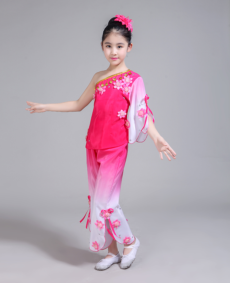 Quần áo trẻ em Yangko trang phục múa quốc gia quạt khiêu vũ cổ điển nam và nữ biểu diễn quần áo hoa nhài màu xanh lá cây áo kiểu cho be gái