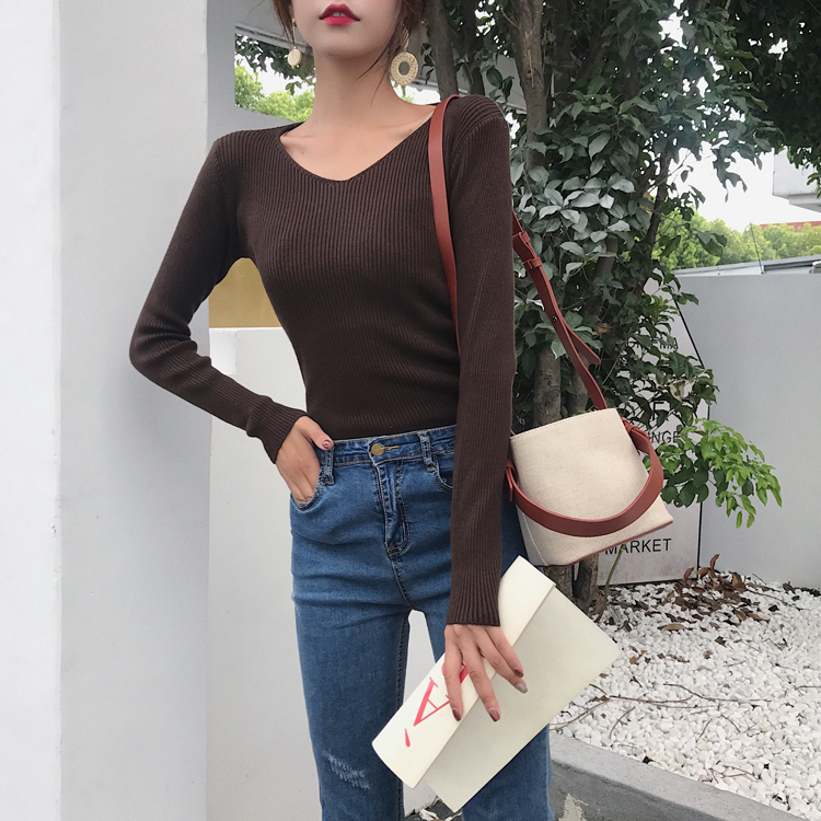 Mùa thu và mùa đông bó sát áo cổ chữ V sang trọng dài tay đan đáy áo sơ mi nữ Slim phiên bản Hàn Quốc của áo len mỏng áo thun hoang dã áo khoác len mỏng