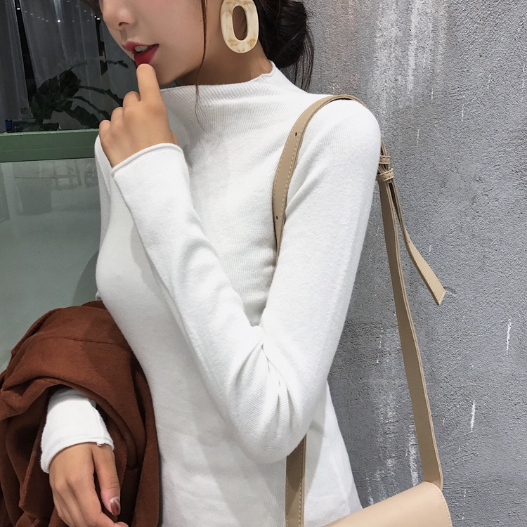 Áo sơ mi cộc tay cao cổ cao Áo len mỏng tay dài mùa thu nữ phiên bản Hàn Quốc của bộ sơ mi chạm đáy hoang dã của áo len mỏng