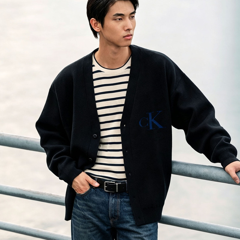 Men's Autumn and Winter Work Clothing Fashion Jacquard V-Neck Loose-Fitting Knitted Solid Color Sweater Cardigan Lv04Rd304Gub1