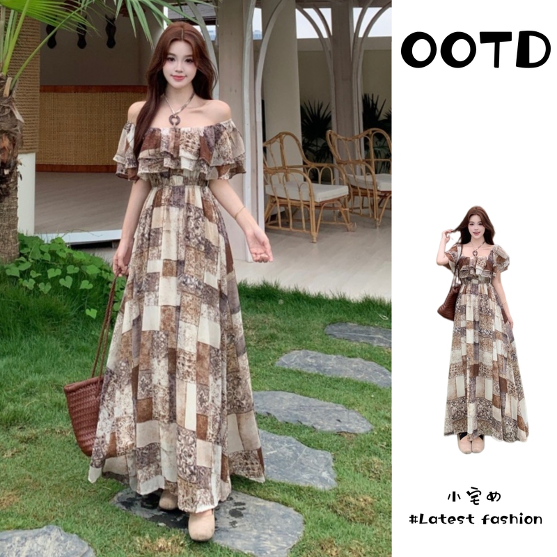 Vacation Style Lotus Leaf Collar Two-Way Wear Printed Long Dress for Women Plus Size Fat mm Summer Bohemian High-Waisted Flared Dress Vacation Style Lotus Leaf Collar Two-Way Wear Printed Long Dress for Women Plus Size Fat mm Summer Bohemian High-Waisted Flared Dress