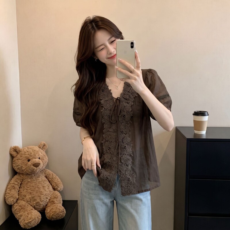 French Retro Slightly See-Through Short-Sleeved V Neck Shirt for Women, New Summer Style, Large Size, Fat Mm, Lace Lace-Up Coffee-Colored Top French Retro Slightly See-Through Short-Sleeved V Neck Shirt for Women, New Summer Style, Large Size, Fat Mm, Lace Lace-Up Coffee-Colored Top