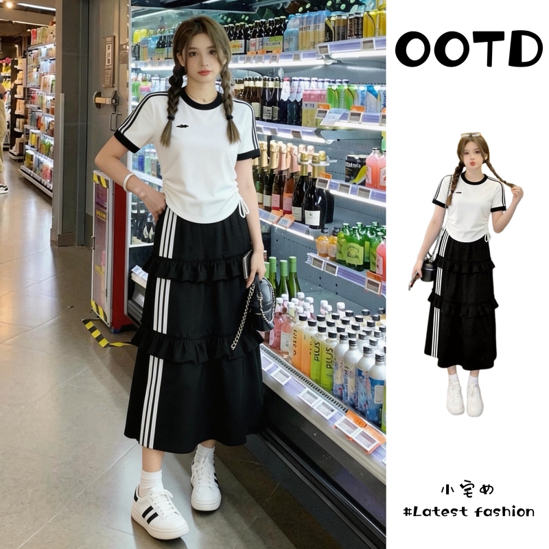 Korean-Style Chic Sporty Casual Suit for Women, Plus Size, Drawstring, Color-Blocking, Slimming Top and Half-Skirt Two-Piece Set