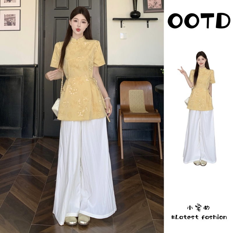 Plus-Size Women's Retro-Style Suit, Summer Zen-Inspired Elegant Yellow Top + White Culottes Two-Piece Set