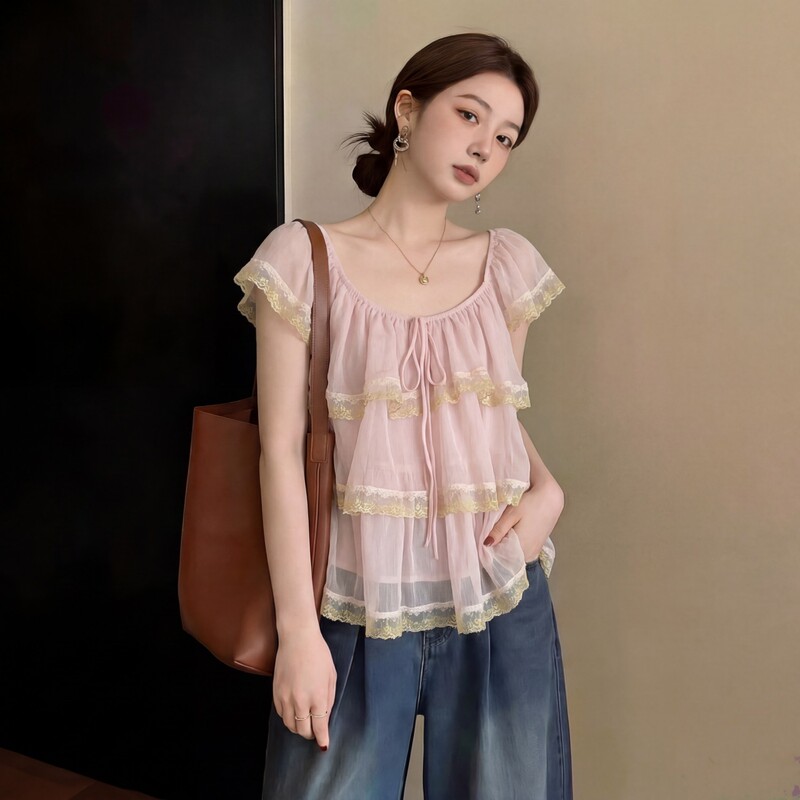 Pink Shirt with a Sweet and Atmospheric Vibe for Women, Plus Size, Summer Korean Style Lace Trim, Stunning Cake Shirt
