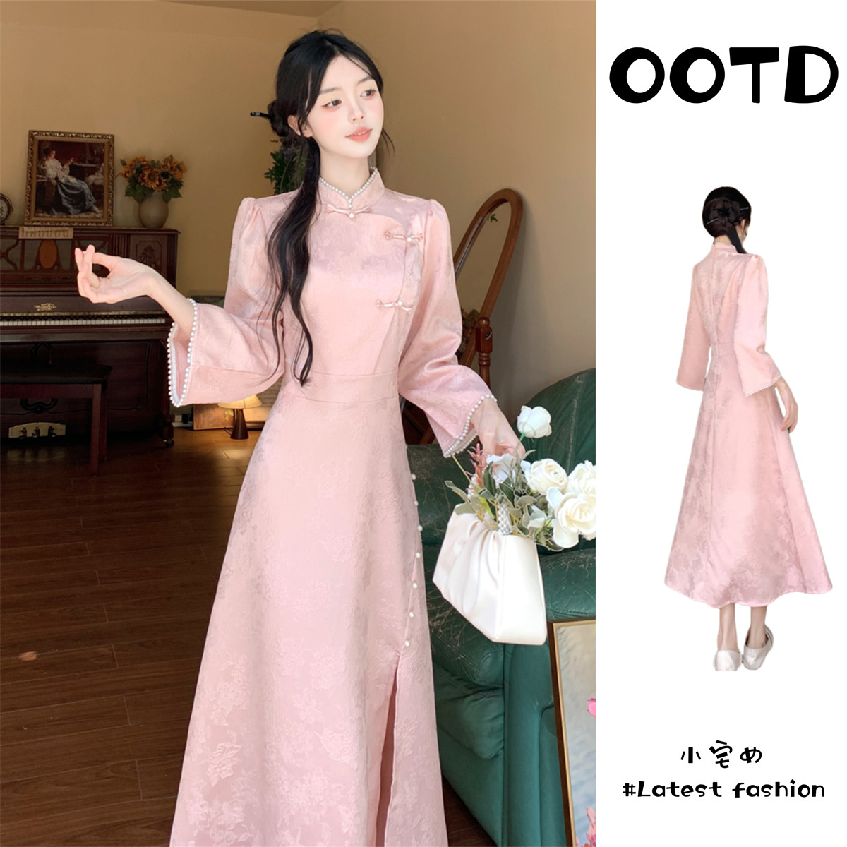 高級感のある中国風の改良型チャイナドレス。春と秋の普段着に最適。プラスサイズの女性向け。精巧な新作中国風ボタン付きピンクドレス。