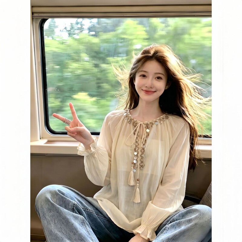 Bohemian Tassel Lace-Up Long-Sleeve Shirt for Women, New Autumn Style, Plus-Size Unique Sequin Patchwork Apricot Top