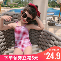Korean childrens swimsuit girl cute one-piece plaid little princess girl swimsuit baby INS baby INS swimsuit