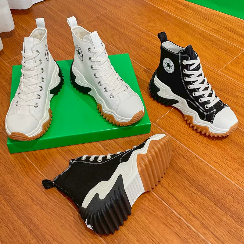 Octopus high-top canvas shoes for women 2023 new style 1970s height-increasing white shoes casual sawtooth thick-soled platform shoes