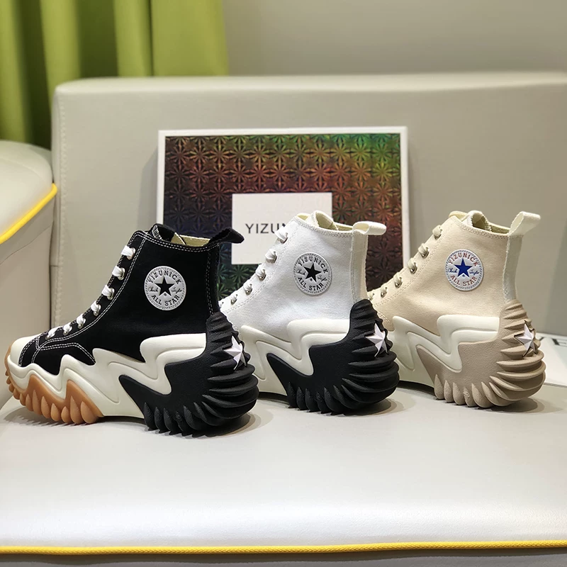 Octopus high-top canvas shoes for women 2023 new style 1970s height-increasing white shoes casual sawtooth thick-soled platform shoes