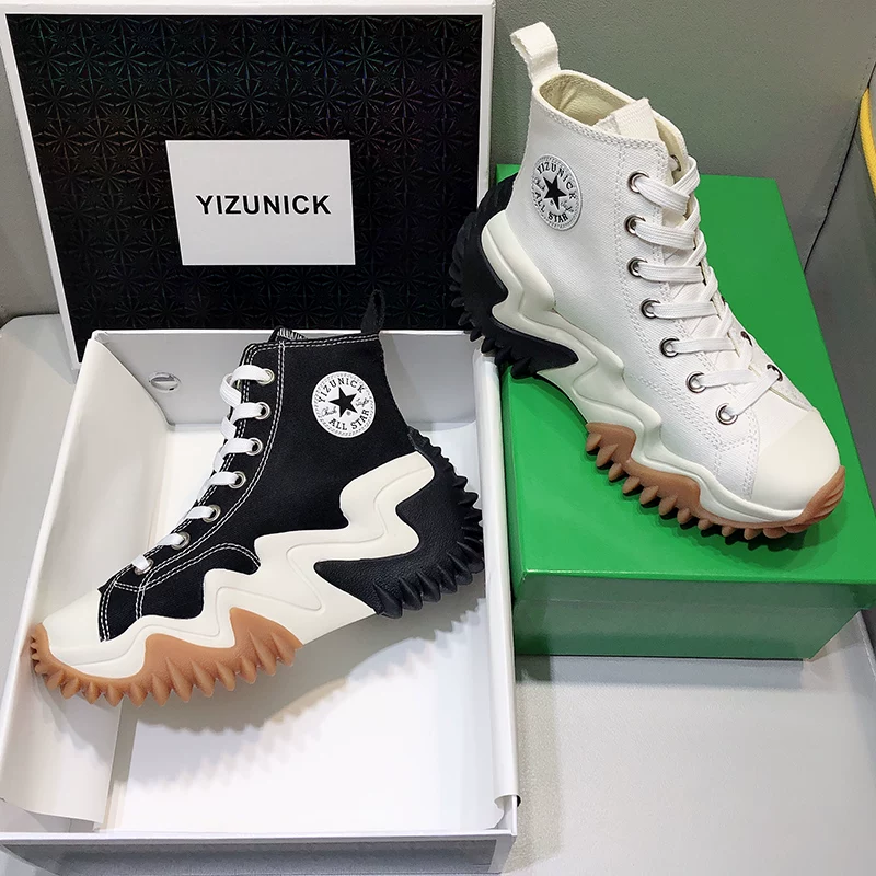 Octopus high-top canvas shoes for women 2023 new style 1970s height-increasing white shoes casual sawtooth thick-soled platform shoes