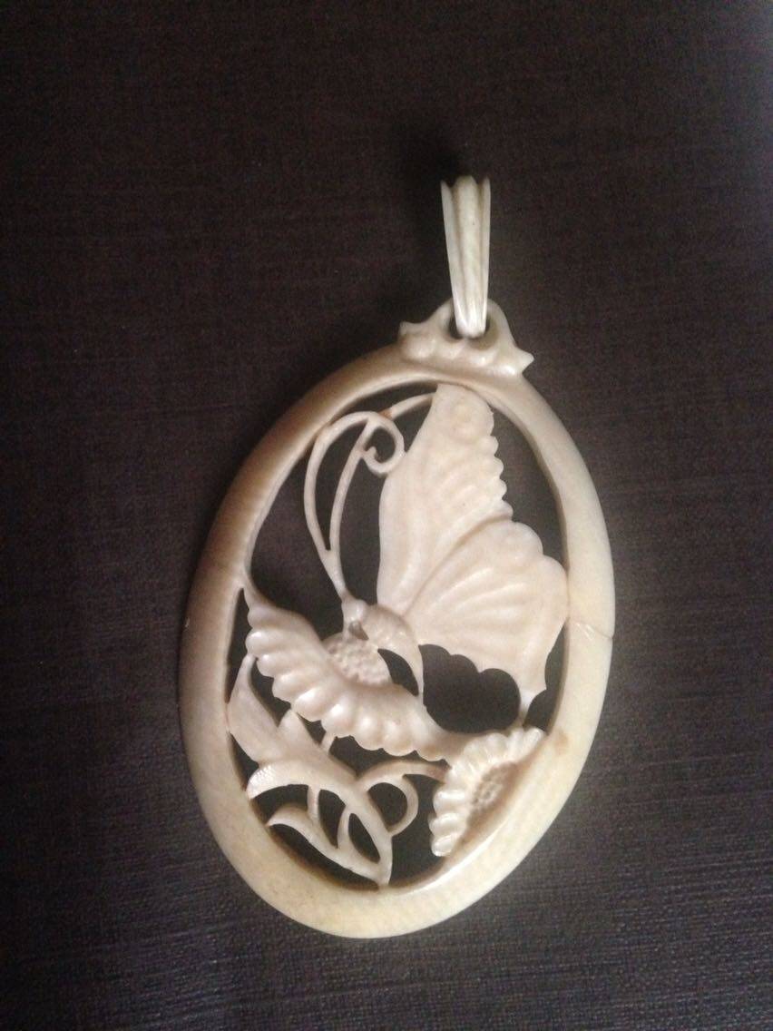 French 19th Century Milky White Carved Butterfly Necklace Pendant